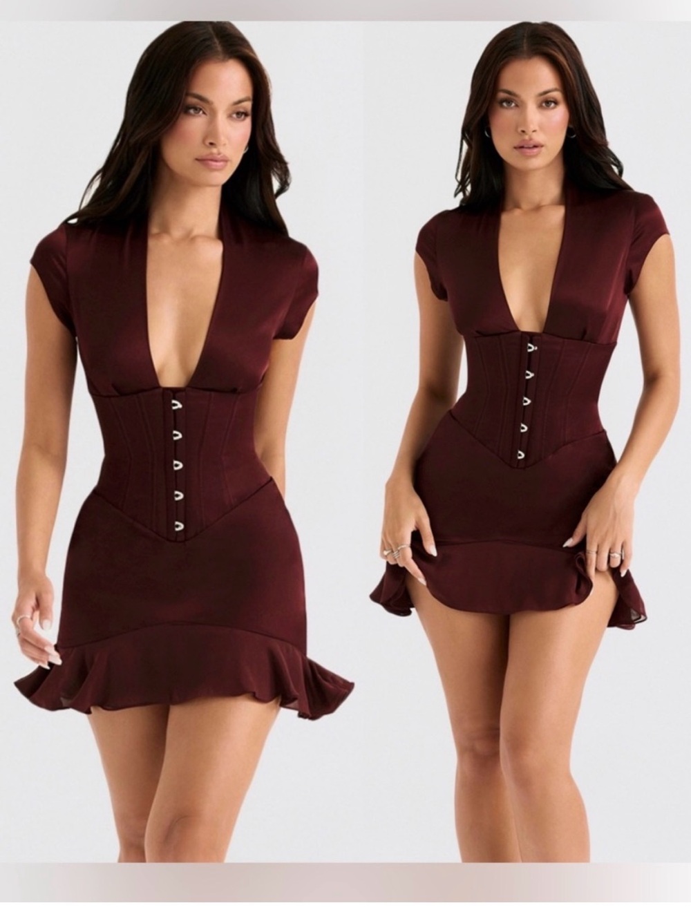 House of CB Burgundy Plunge Corset-Waist Mini Dress